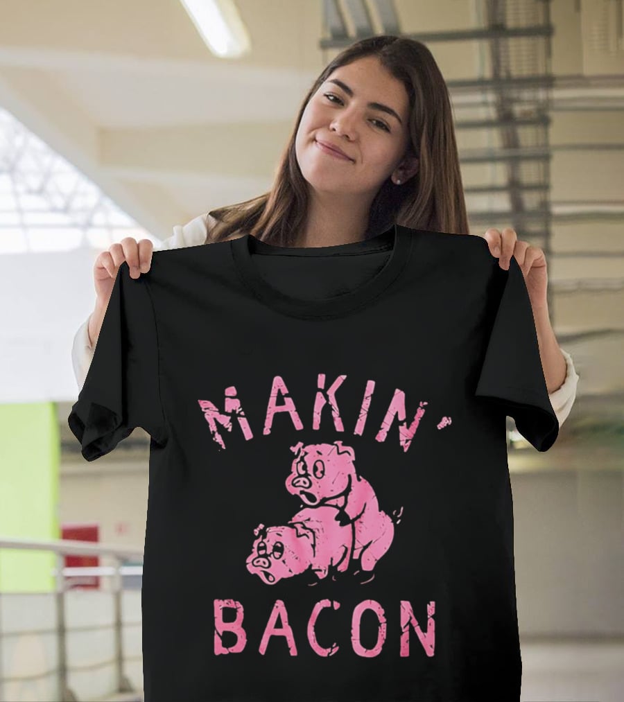Makin Bacon Pigs Humorous Retro Graphic Pink T-Shirt