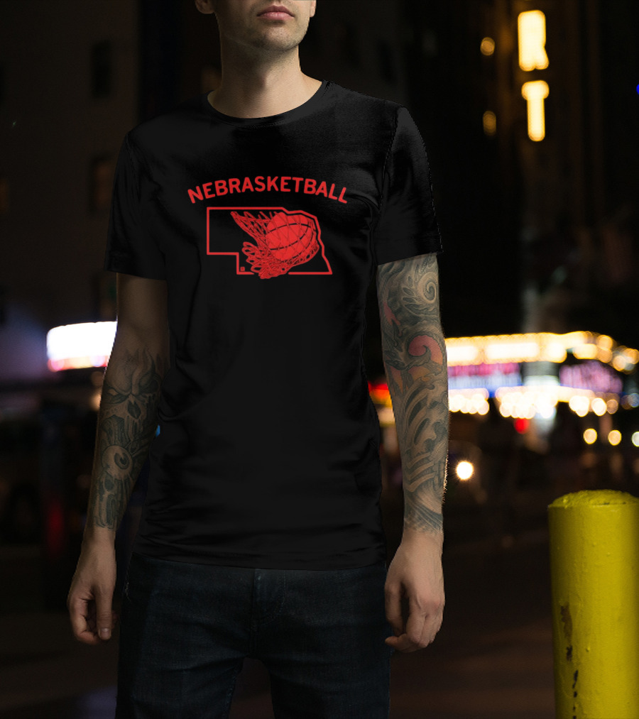Nebrasketball Nebraska Basketball Red State Silhouette Basketball Net T-Shirt