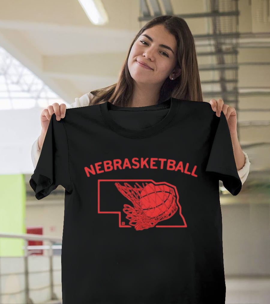 Nebrasketball Nebraska Basketball Red State Silhouette Basketball Net T-Shirt