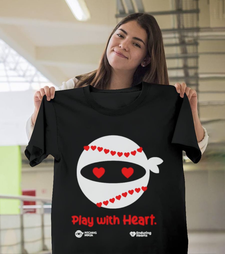 Pitching Ninja Play With Heart Red Love Hearts Baseball T-Shirt