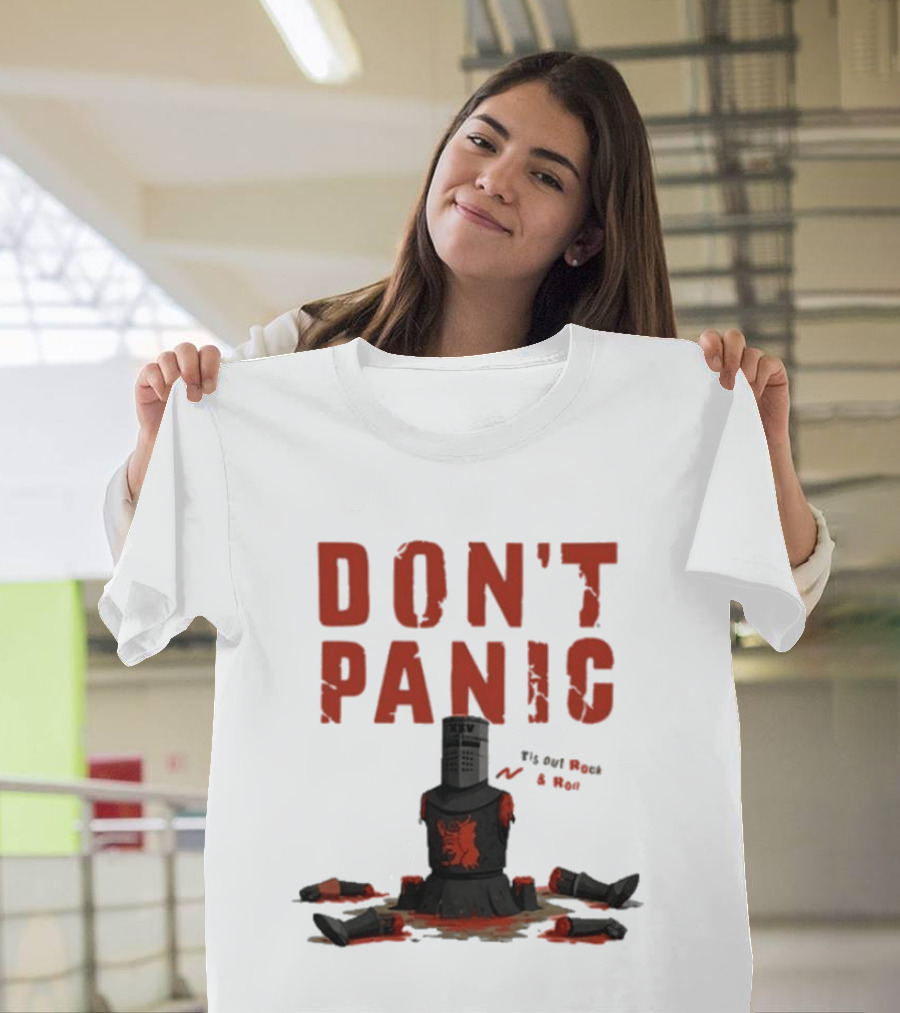 Don't Panic Monty Python Black Knight Sitting In Limbs T-Shirt