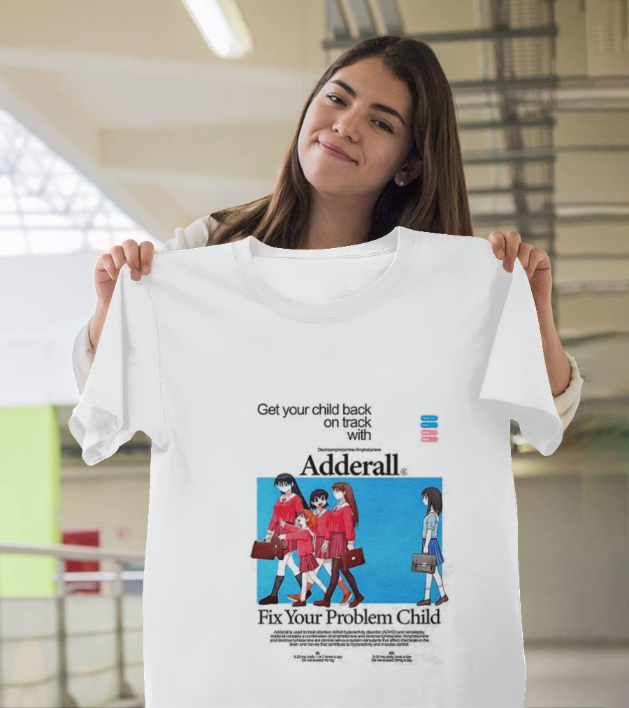 Get Your Problem Child Back on Track with Adderall Anime Girls in Red Uniforms with Briefcases and Pills T-Shirt
