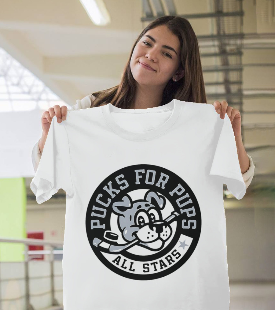 Pucks For Pups All Stars Hockey Dog With Hockey Stick T-Shirt