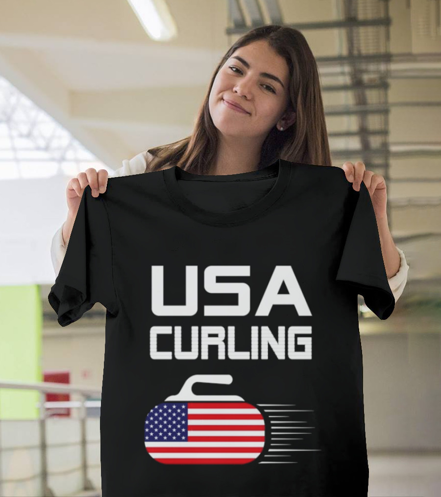 USA Curling American Flag Stone T-Shirt
