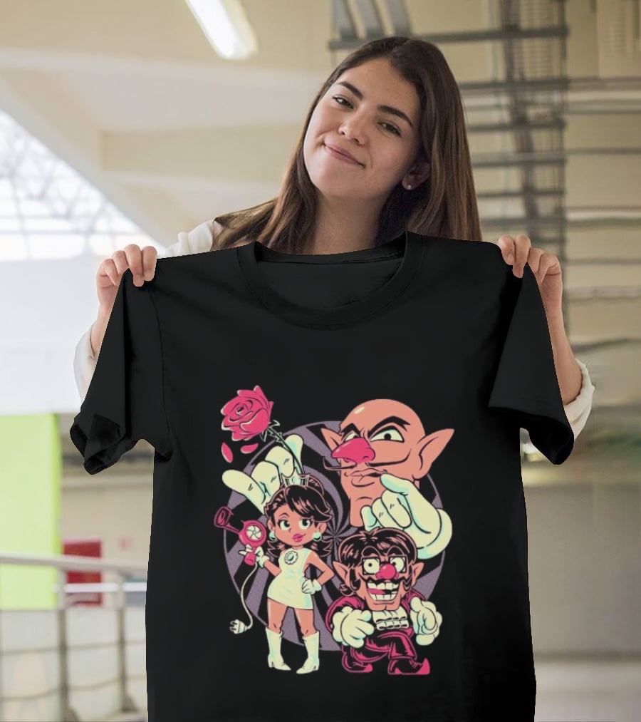 Henrique Torres Oh Be Wah Ve Vintage Cartoon Style Characters And Rose With Electric Plug T-Shirt
