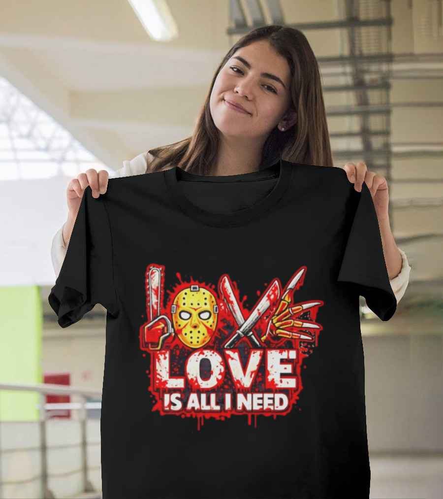 Horror Love Is All I Need Valentine Halloween Mask Knife Claw T-Shirt