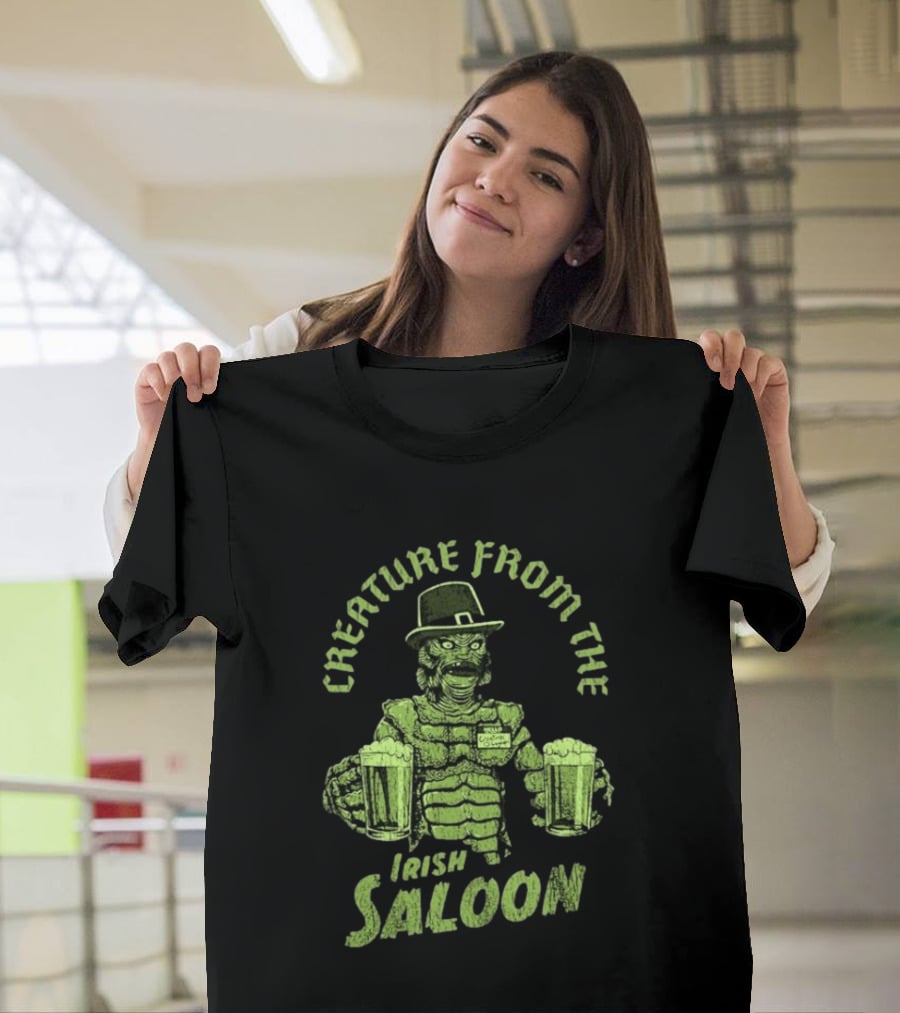 St Patrick's Day Creature From The Irish Saloon Beers Monster In Hat And Name Tag Holding Two Pints T-Shirt