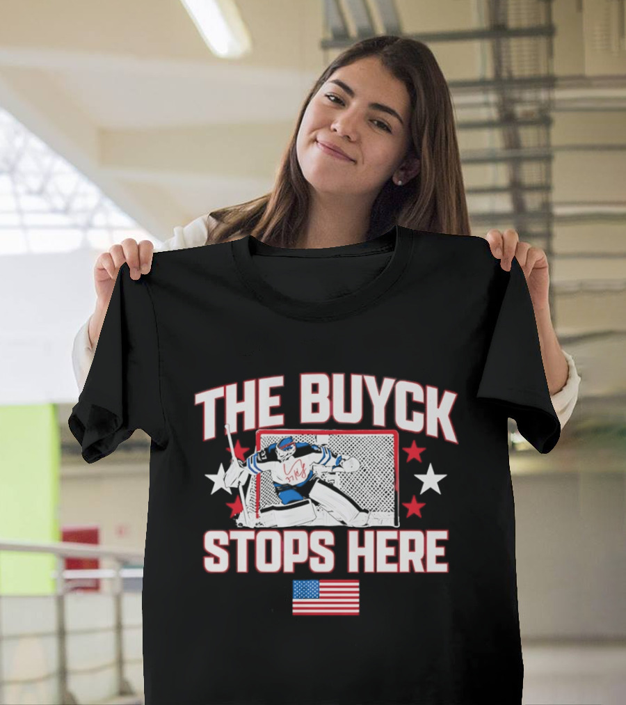 The Buyck Stops Here Winnipeg Jets Hockey Goalie USA Flag Stars T-Shirt
