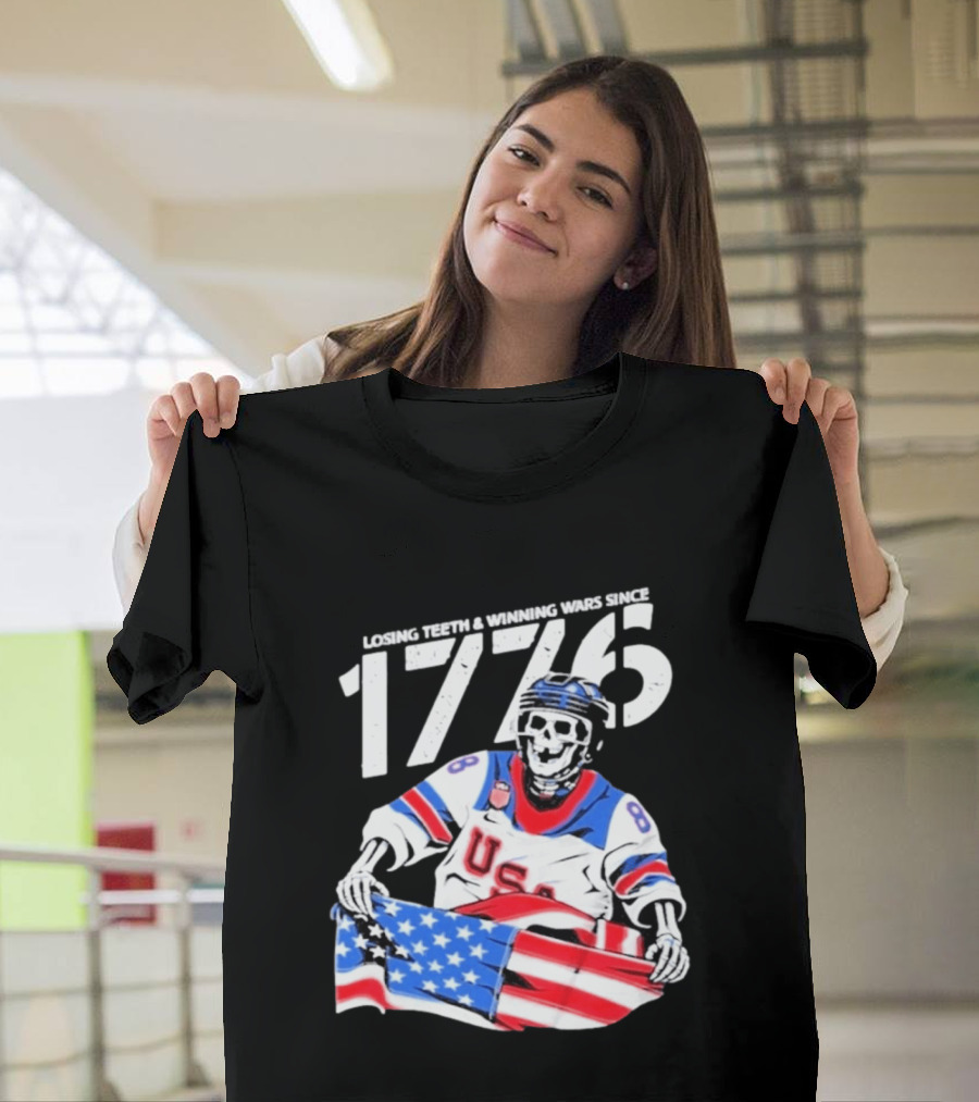 Losing Teeth Winning Wars Since 1776 USA Hockey Skeleton American Flag T-Shirt