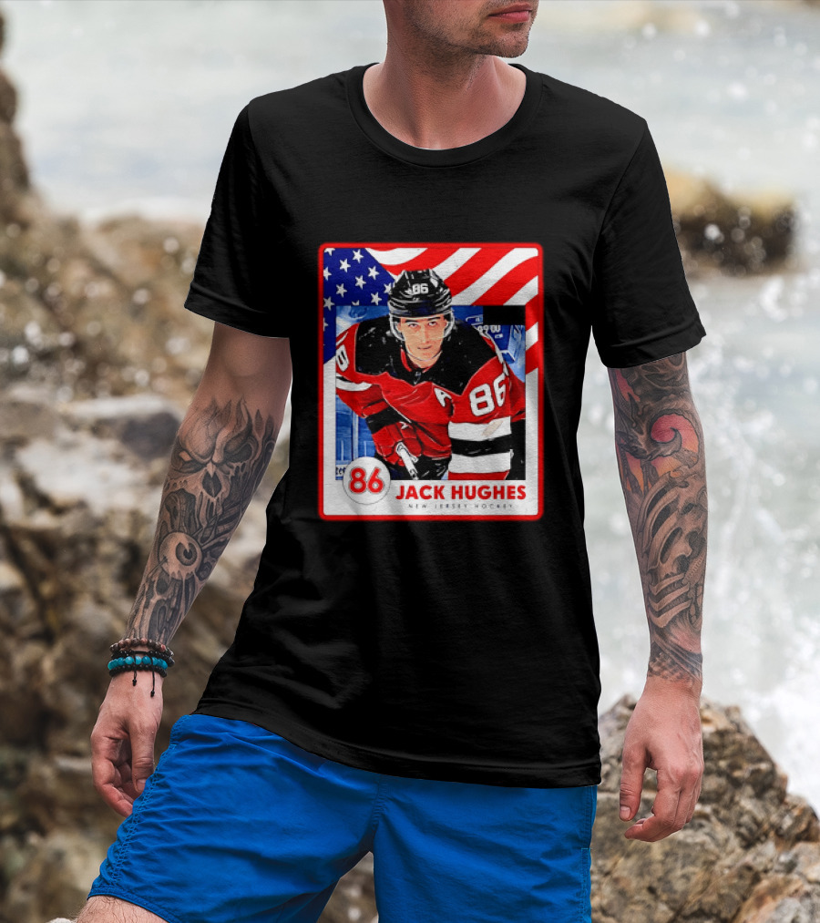 Jack Hughes 86 New Jersey Hockey American Flag T-Shirt