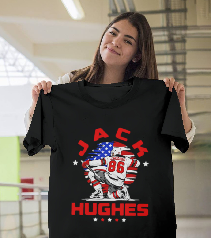 Jack Hughes 86 New Jersey Devils USA Flag Celebration T-Shirt