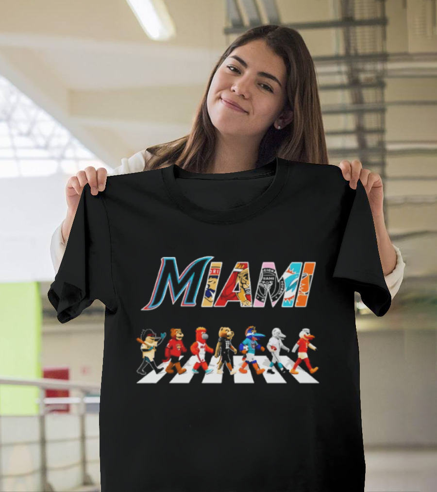 Miami Dolphins Heat Panthers Inter Miami CF Characters Walk Across Road T-Shirt