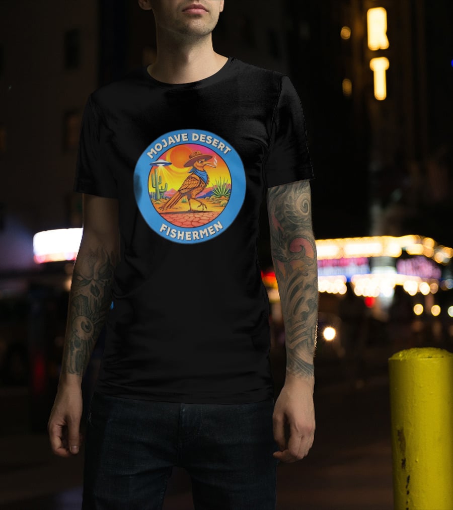 Mojave Desert Fishermen UFO Roadrunner Cowboy Sunset Cactus Circle T-Shirt