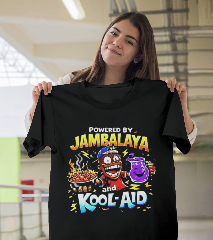 Powered By Jambalaya And Kool Aid Bold Colors Cartoon Character Fun T-Shirt