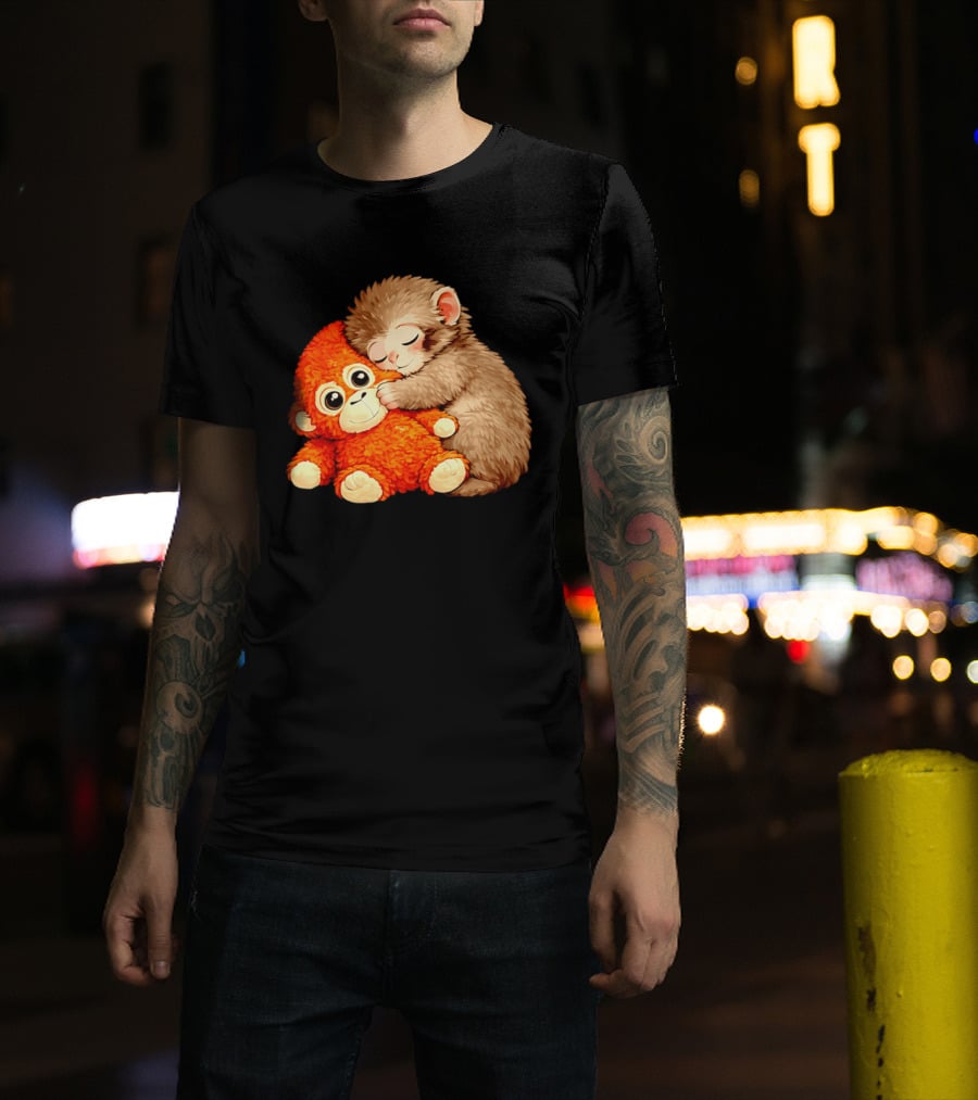 Punch The Monkey Brown Cub And Orange Plushy Cuddle T-Shirt