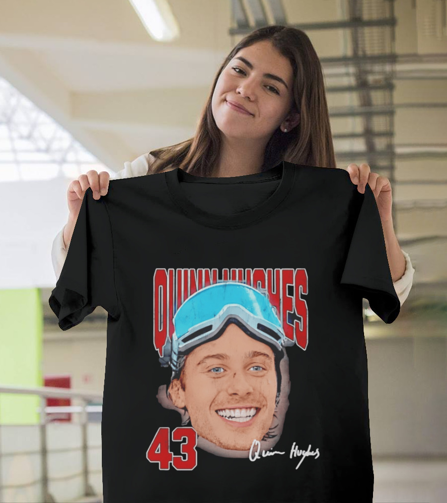 Quinn Hughes Big Head Goggles 43 Signature T-Shirt