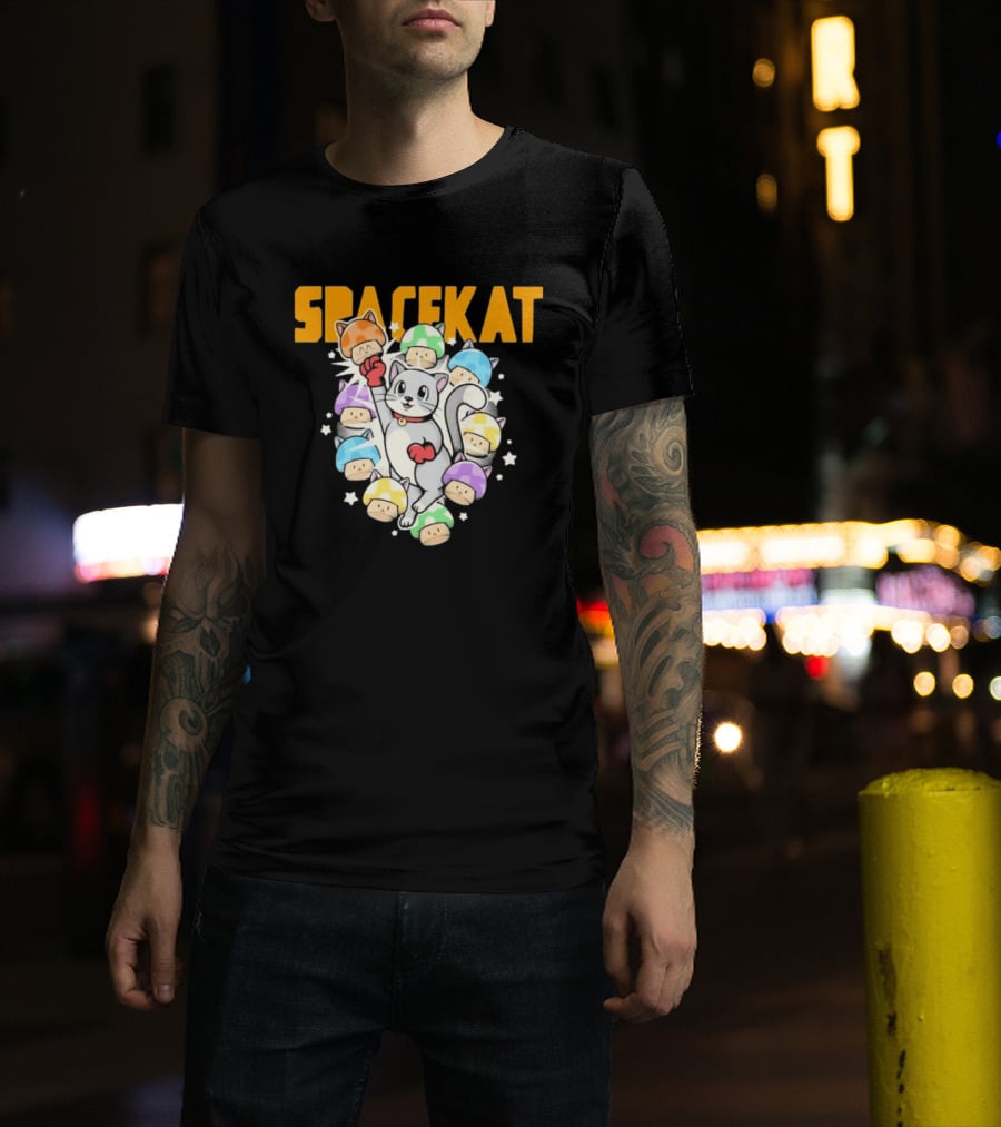 Spacekat Cat Surrounded By Colorful Mushroom Characters T-Shirt