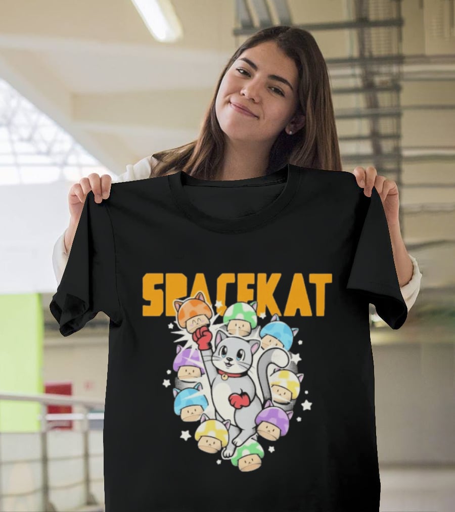 Spacekat Cat Surrounded By Colorful Mushroom Characters T-Shirt