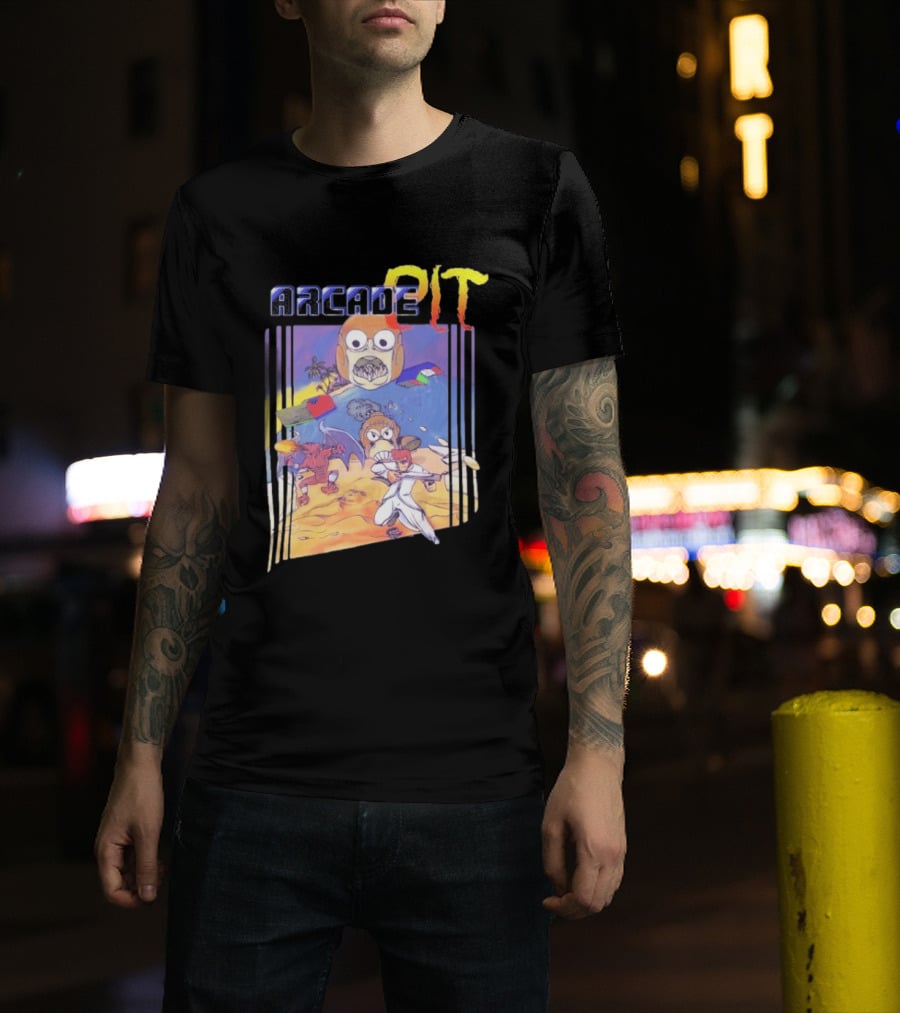 Arcade Pit Smight X Contra Characters And Cartoon Face Beach Scene T-Shirt