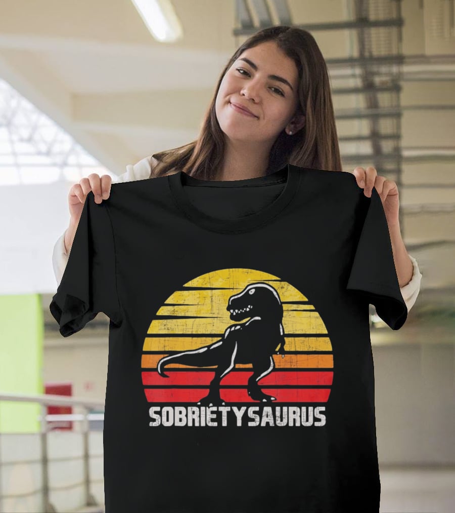 Sober Sobrietysaurus Sobriety Anniversary Recovery Rex Sunset T-Shirt