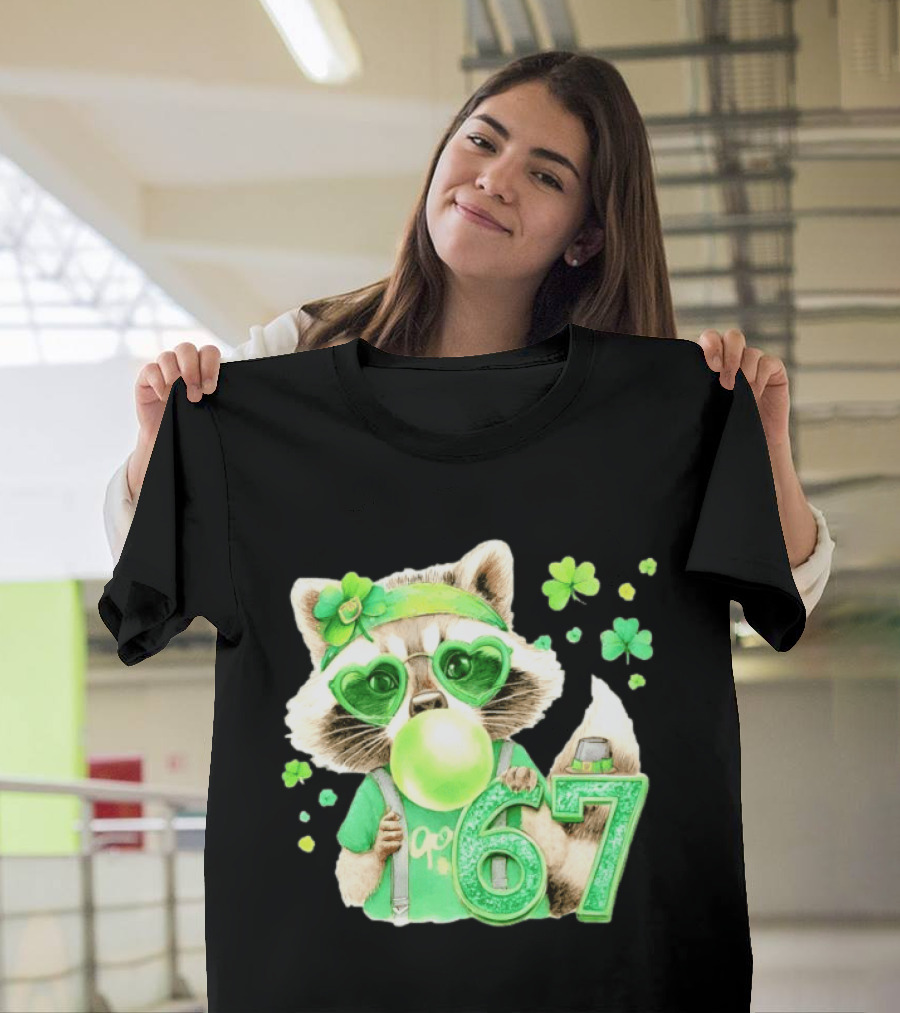 St Patrick's Day Raccoon With Shamrock Heart Glasses And 67 Bubblegum T-Shirt