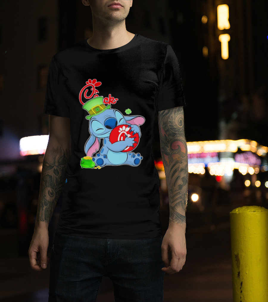 Stitch Holding Chick Fil A Logo With St. Patrick's Day Hat And Clover T-Shirt