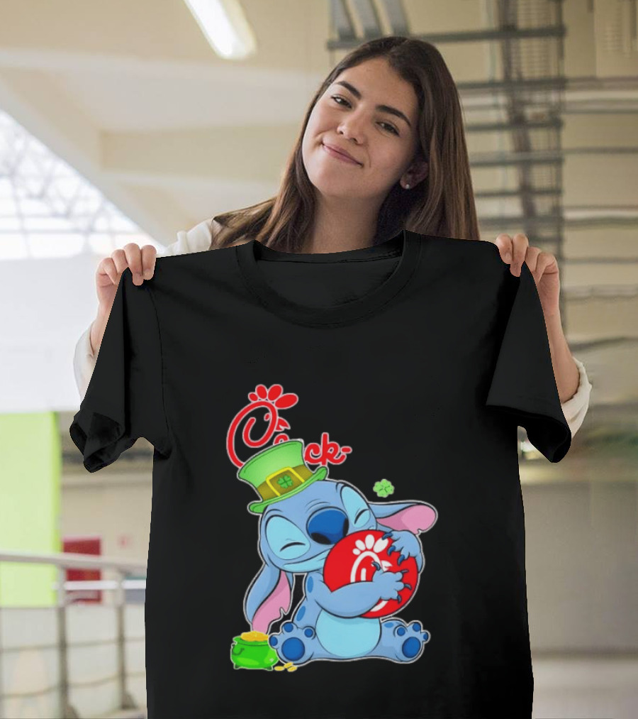 Stitch Holding Chick Fil A Logo With St. Patrick's Day Hat And Clover T-Shirt