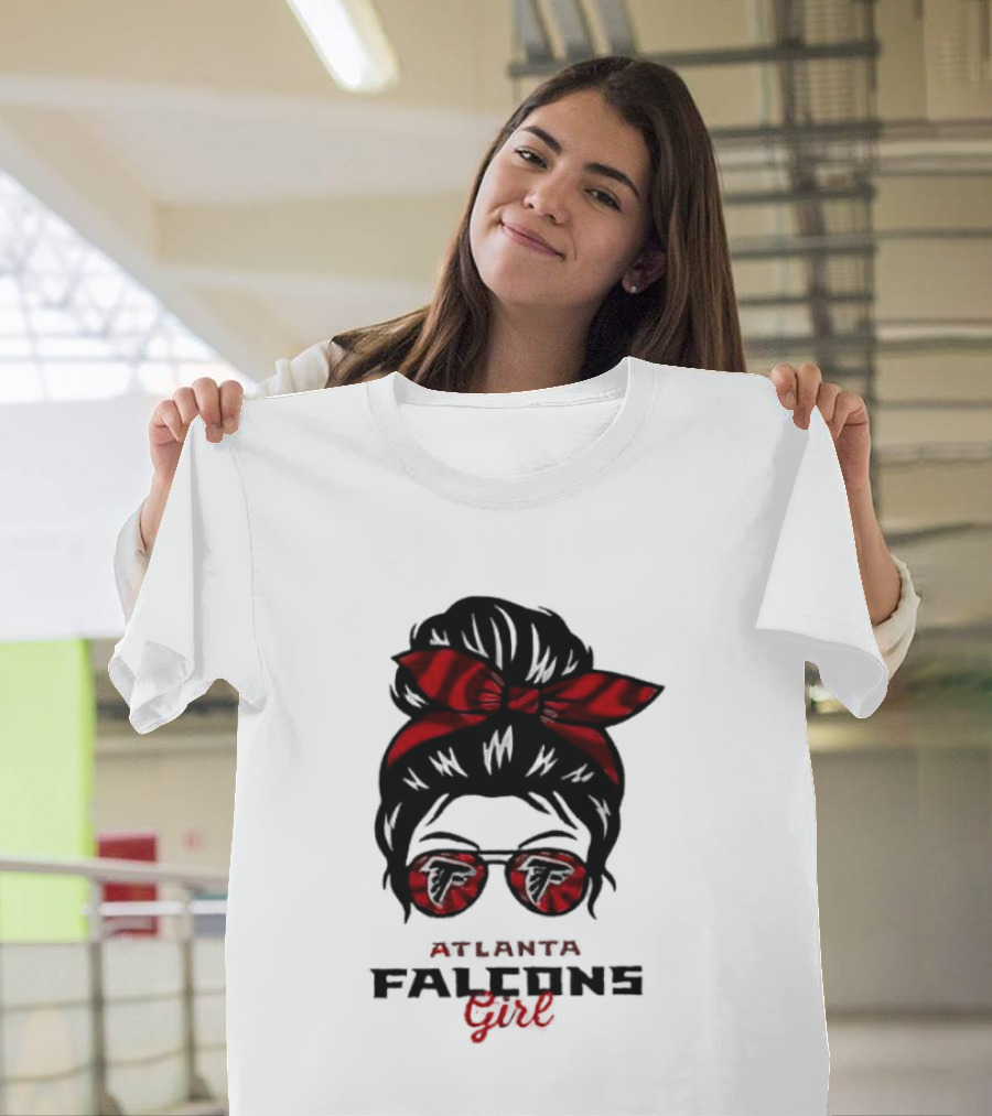 Atlanta Falcons Girl Messy Bun 2026 Bow Sunglasses T-Shirt