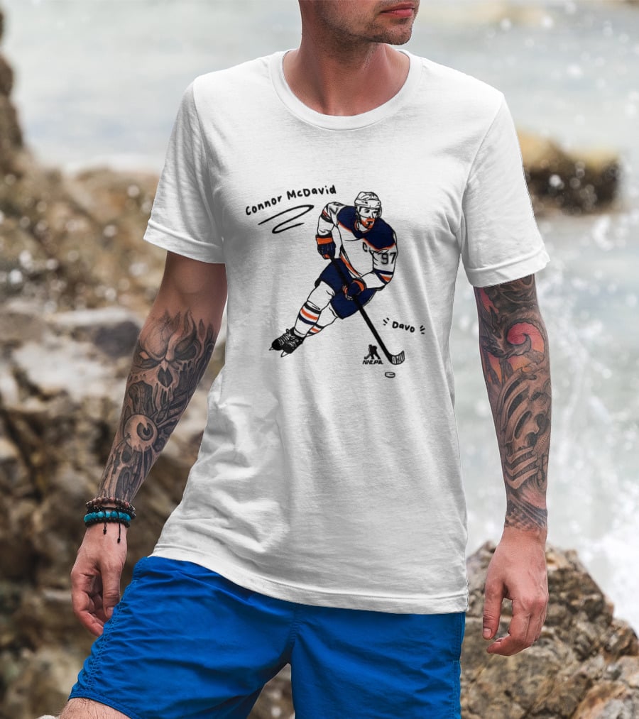 Connor McDavid Edmonton Oilers Hockey Davo Cartoon NHL Player Sketch T-Shirt