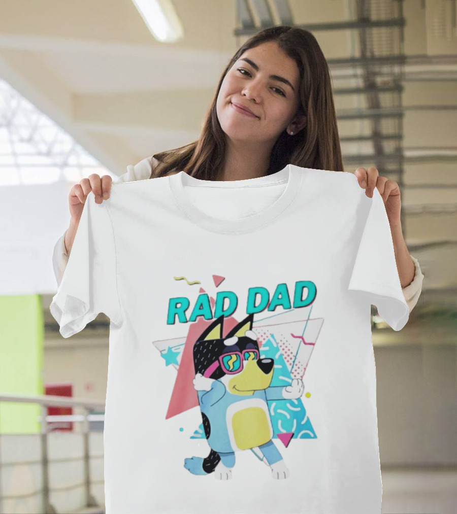 Blue Dog Rad Dad Retro Vibes With Sunglasses And Geometric T-Shirt