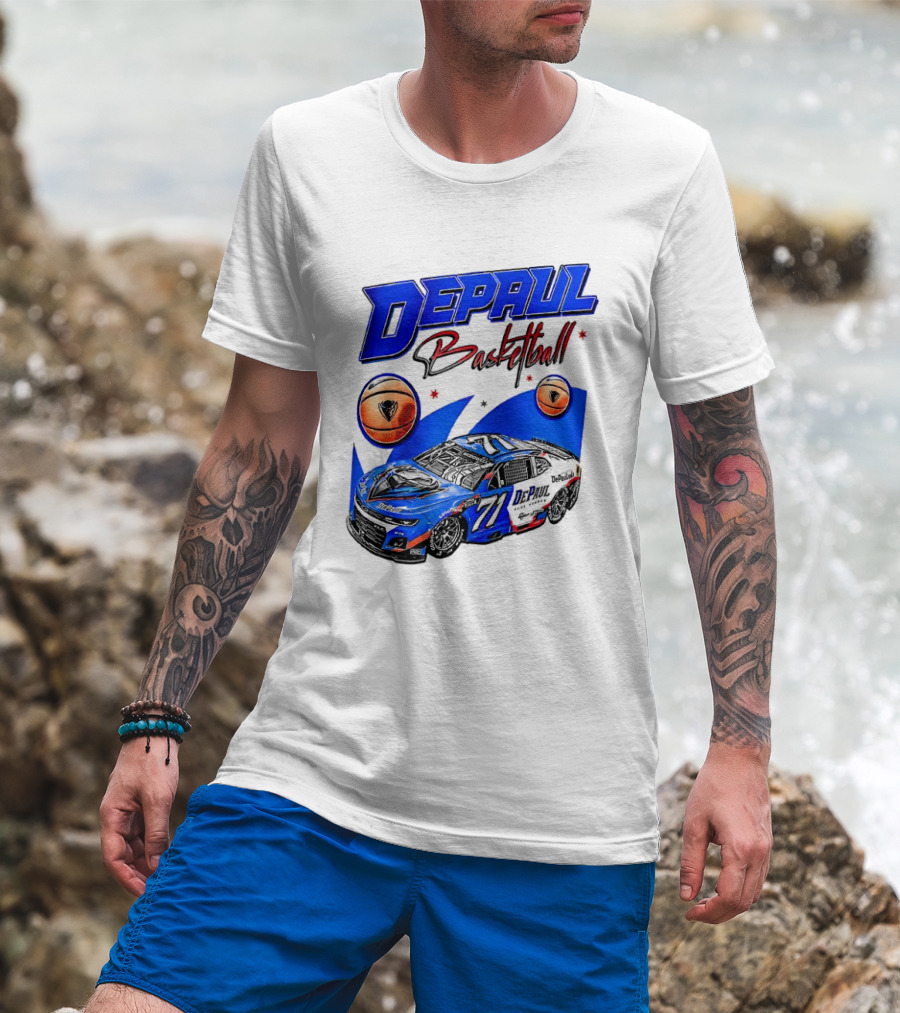 DePaul Basketball NASCAR Collaboration With Blue Race Car And Basketball T-Shirt