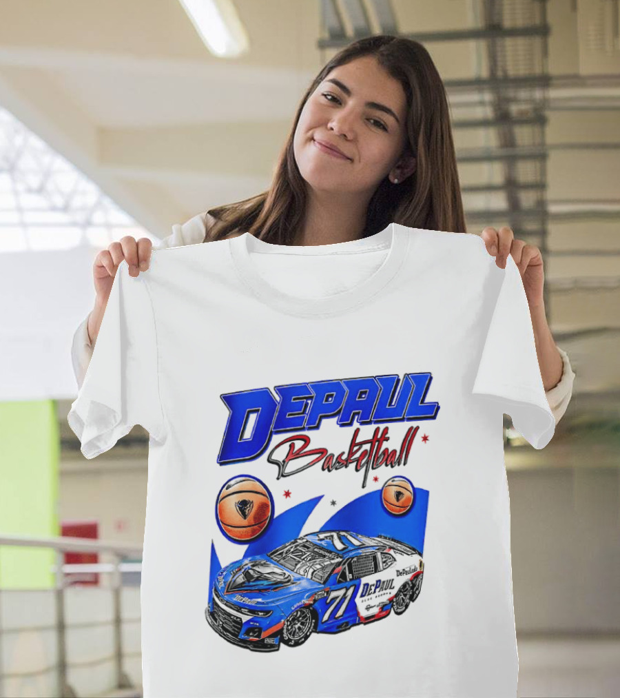 DePaul Basketball NASCAR Collaboration With Blue Race Car And Basketball T-Shirt