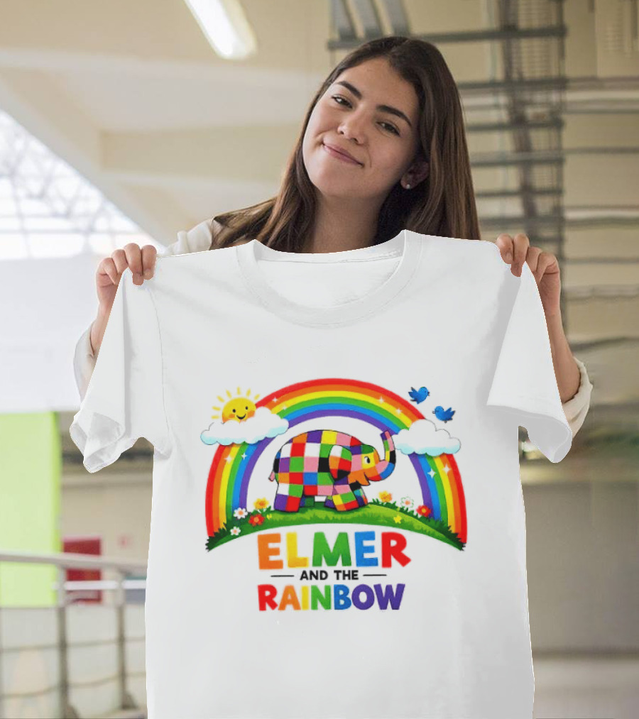 Elmer And The Rainbow Colorful Elephant With Sun And Birds T-Shirt
