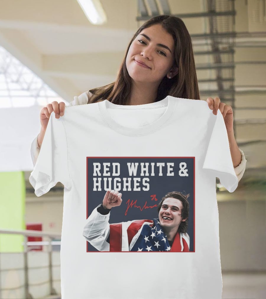 Red White & Hughes Jack Hughes USA Hockey 2026 Golden Goal T-Shirt
