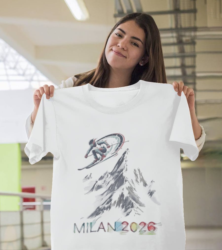 Milan 2026 Winter Olympic Ski And Snowboard Event With Colorful Rings T-Shirt