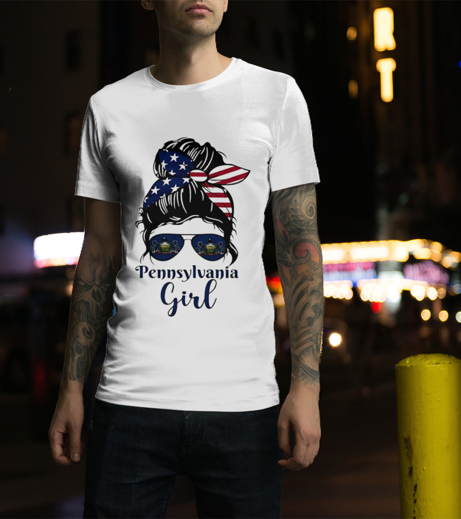 Pennsylvania Girl Messy Bun American Flag Bandana Sunglasses T-Shirt