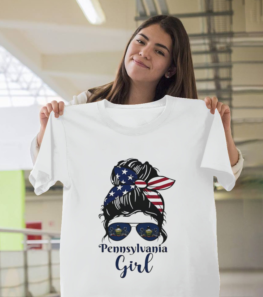 Pennsylvania Girl Messy Bun American Flag Bandana Sunglasses T-Shirt