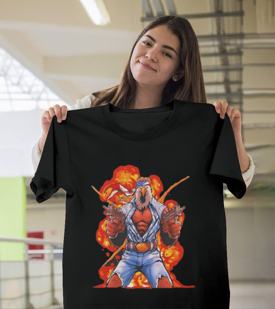 American Bald Eagle Fury Cartoon Bandana Dual Pistols Explosion T-Shirt