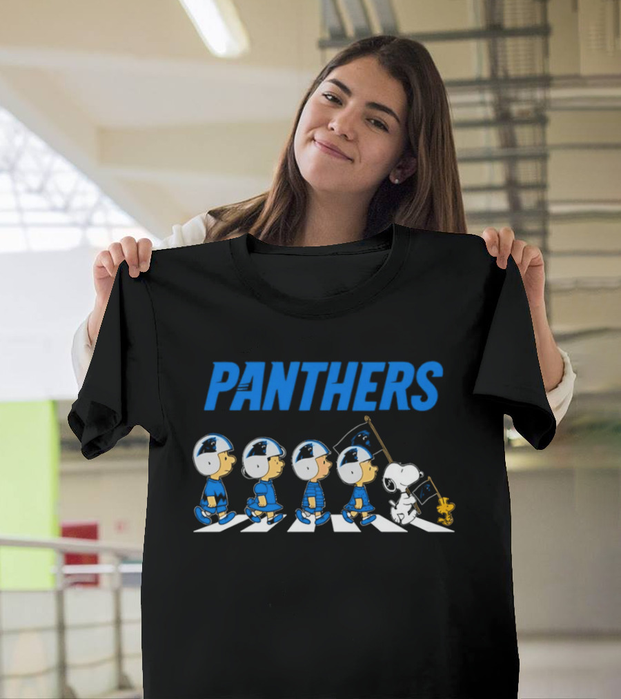 Peanuts Carolina Panthers Football Characters Walking With Flag T-Shirt