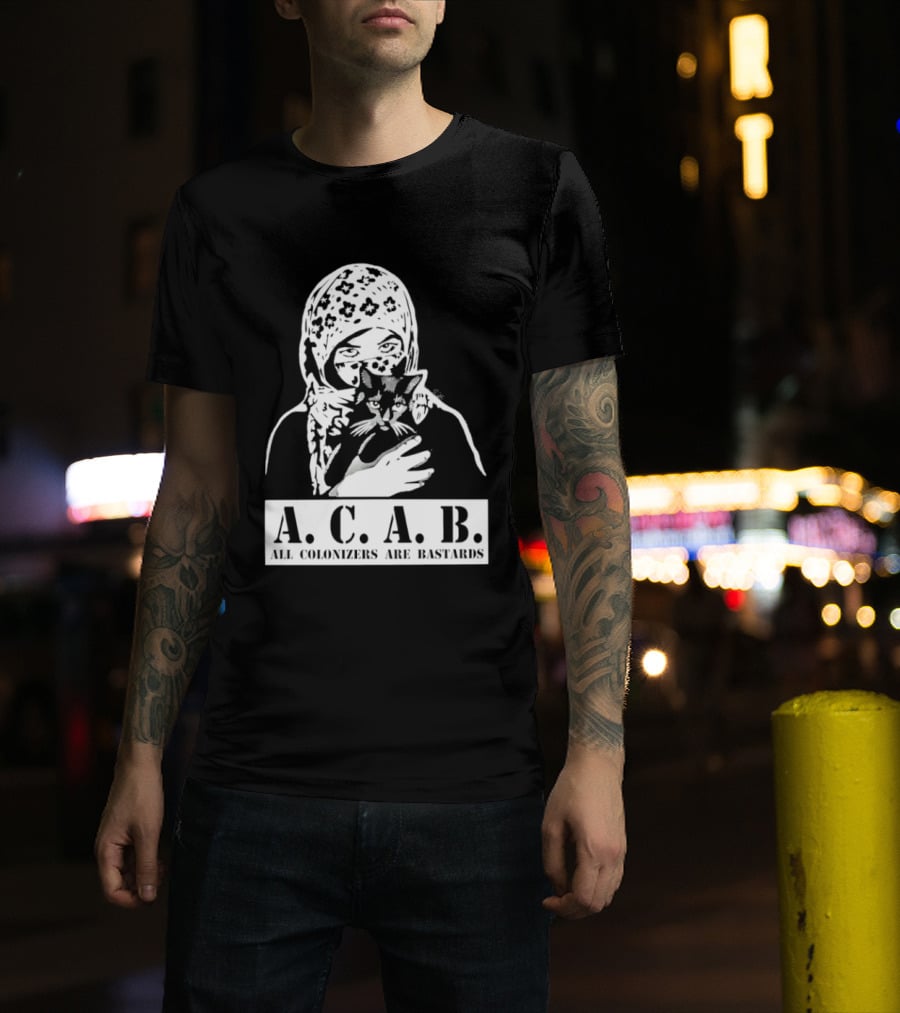 A.C.A.B. All Colonizers Are Bastards Protest Image With Floral Hijab Woman And Cat T-Shirt