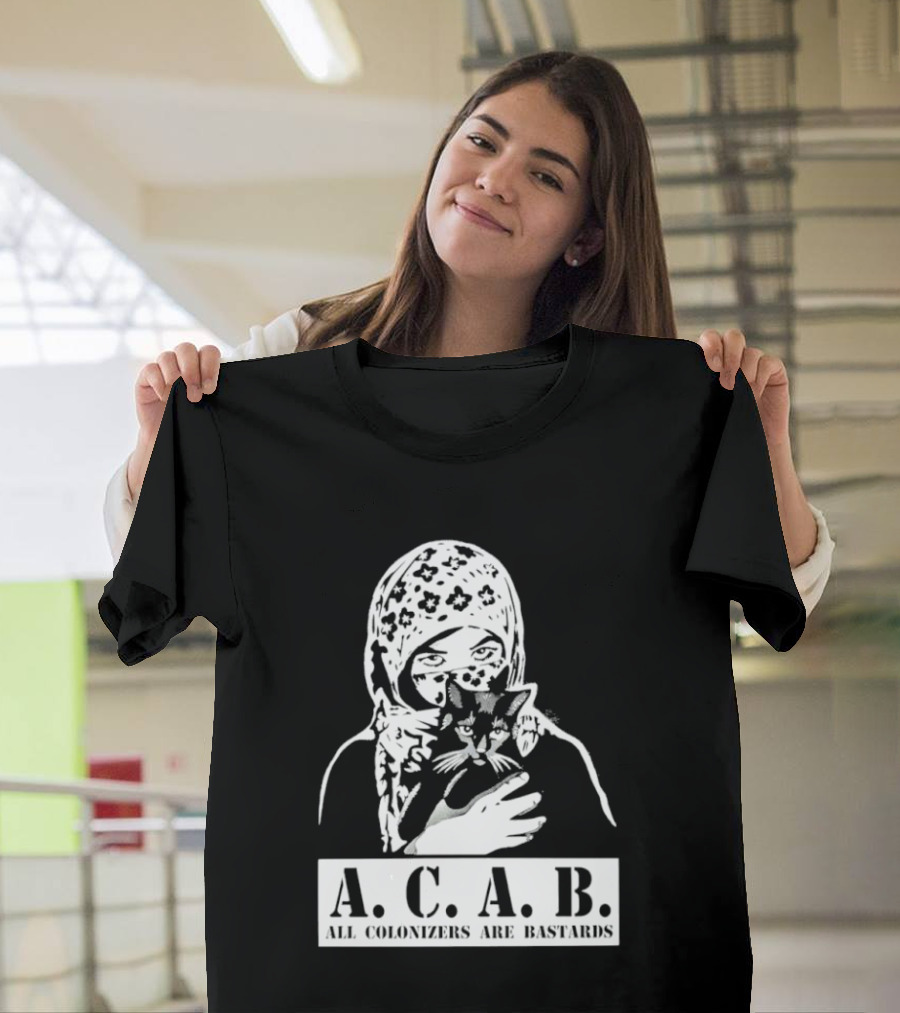 A.C.A.B. All Colonizers Are Bastards Protest Image With Floral Hijab Woman And Cat T-Shirt