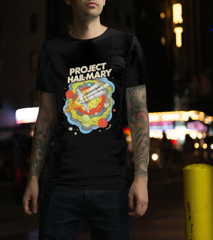 Project Hail Mary Rocket Launching Through Colorful Space Planets T-Shirt