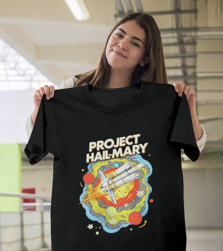 Project Hail Mary Rocket Launching Through Colorful Space Planets T-Shirt