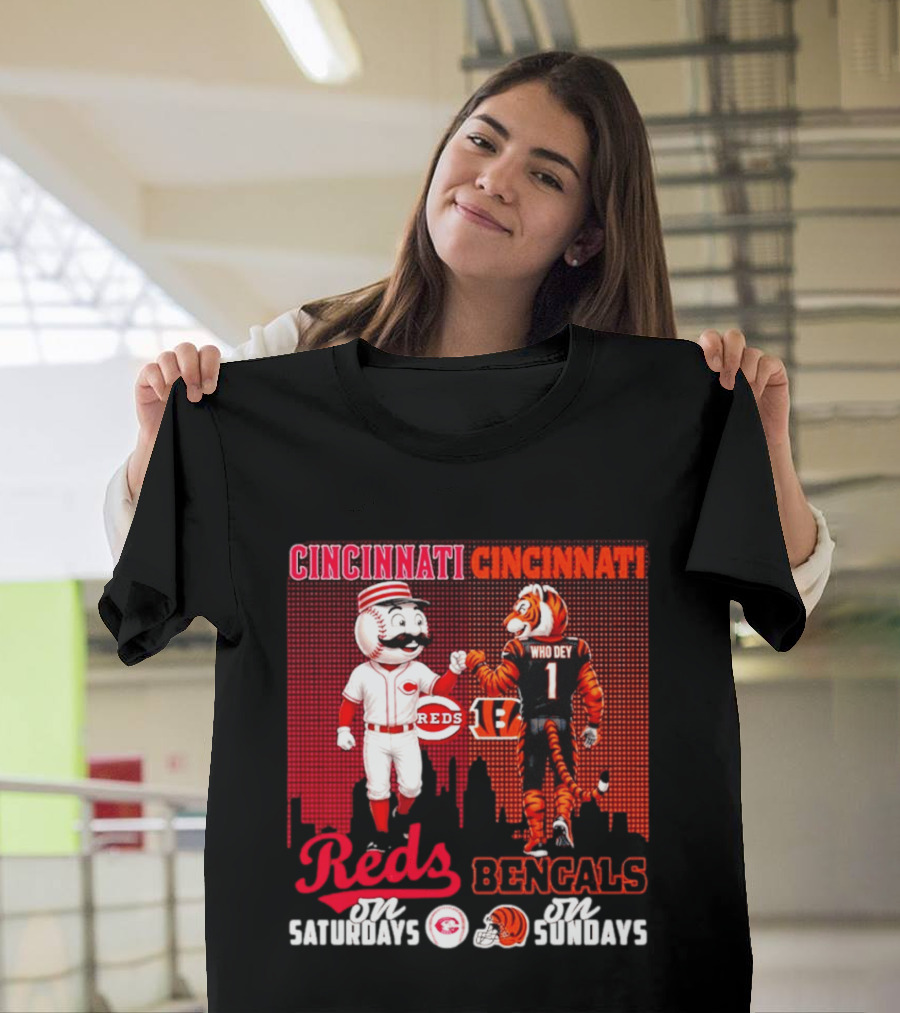 Cincinnati Reds Saturdays Vs Bengals Sundays City Mascots Skyline T-Shirt