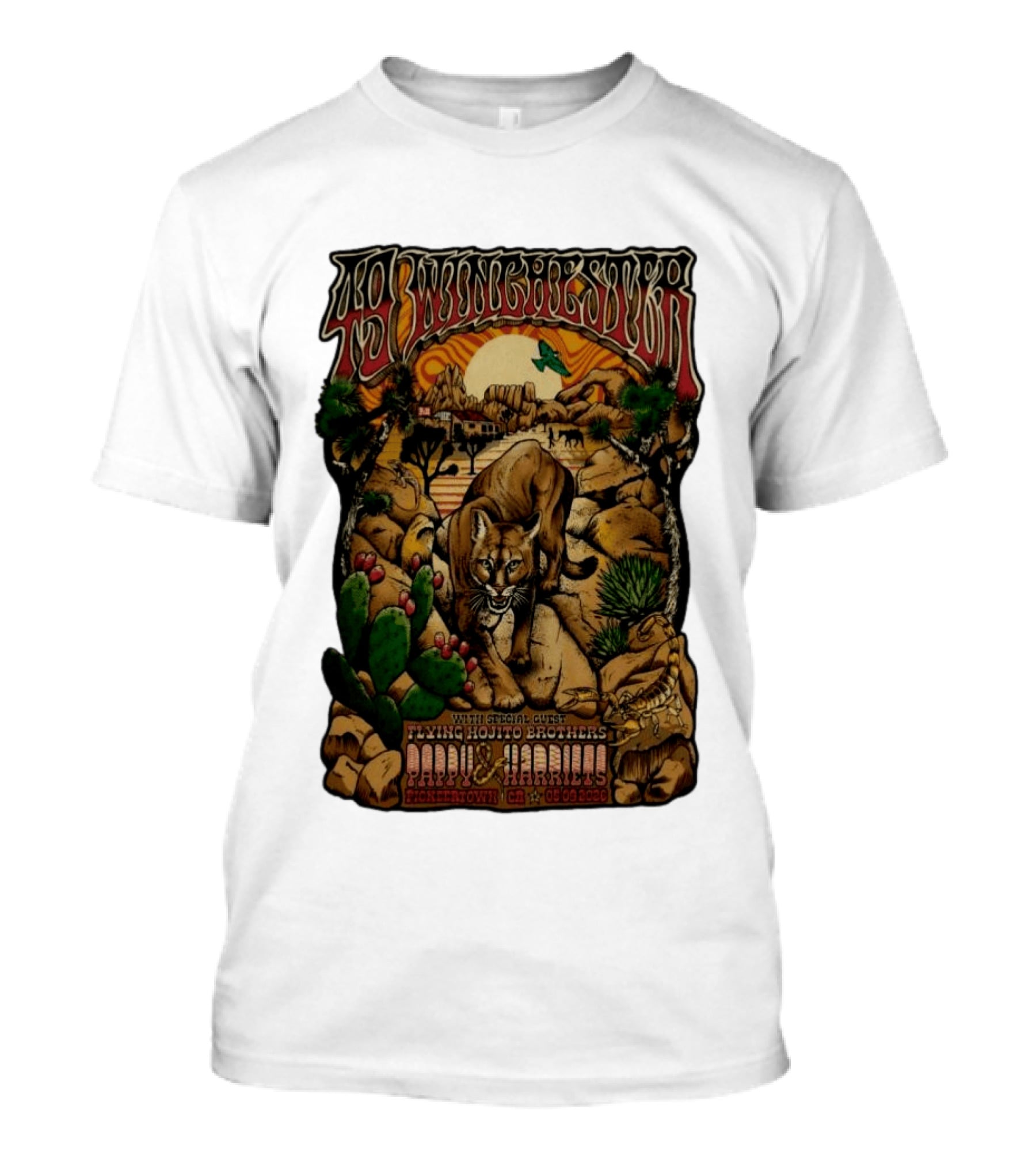 49 Winchester Pioneertown May 9 2026 Flying Mojito Brothers Pap Yu Harlins Cat Desert Scene T-Shirt