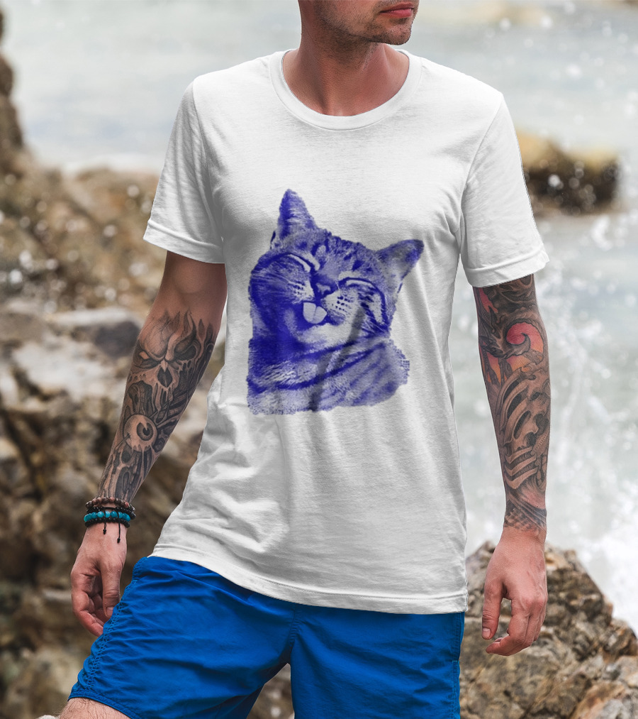 Playful Cat Sticking Out Tongue In Blue Tint T-Shirt