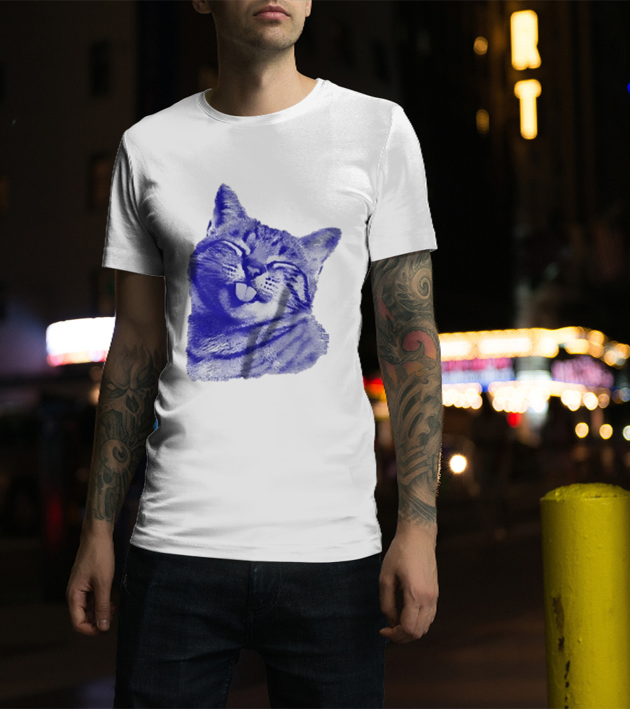 Playful Cat Sticking Out Tongue In Blue Tint T-Shirt