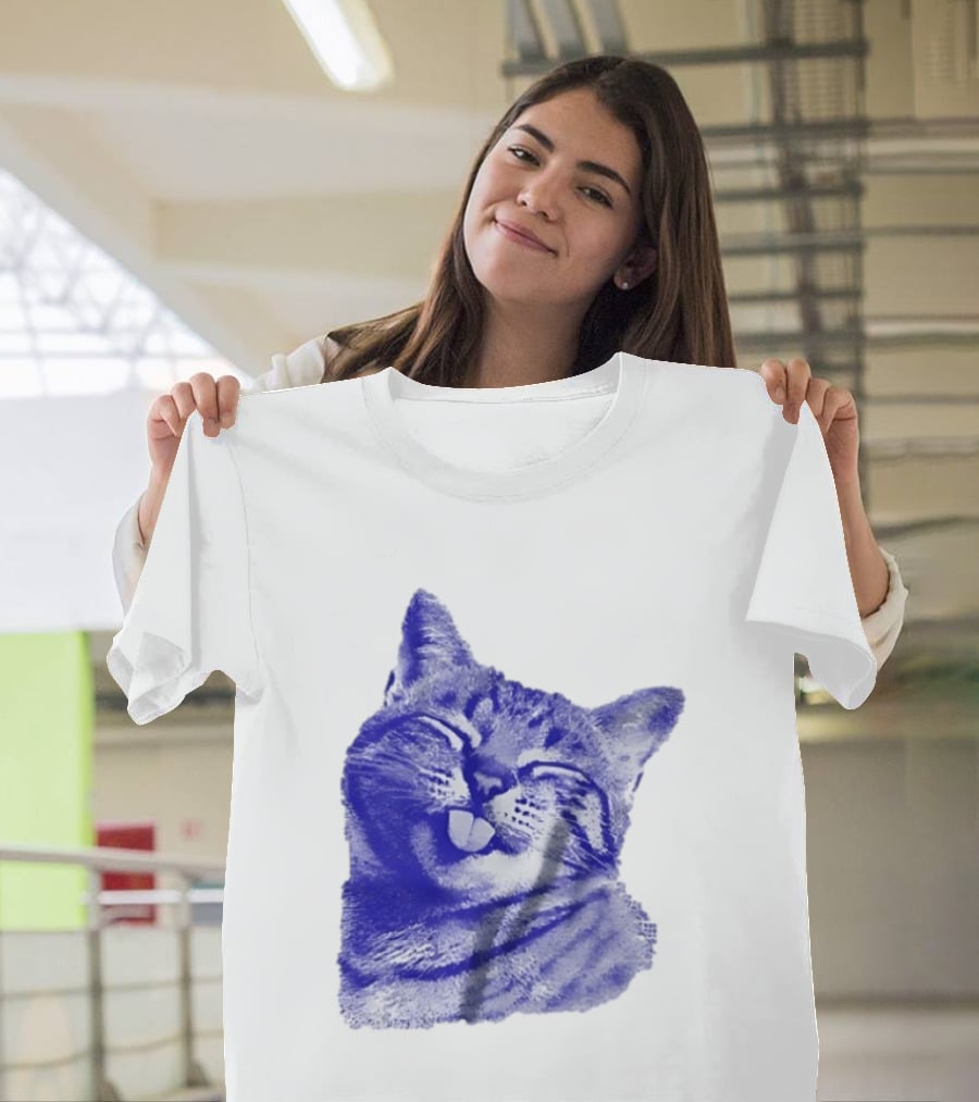 Playful Cat Sticking Out Tongue In Blue Tint T-Shirt