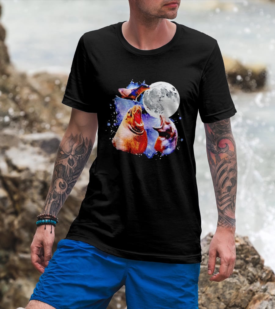 Sea Lion Trio Howling At The Moon In Outer Space Scene T-Shirt