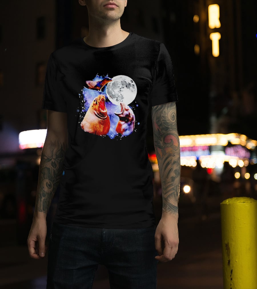 Sea Lion Trio Howling At The Moon In Outer Space Scene T-Shirt